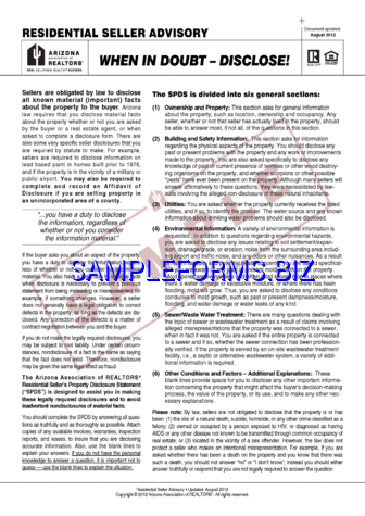 Arizona Residential Sellers Property Disclosure Statement pdf free